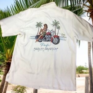 Tori Richard’s/Harley-Davidson VTG Silk Cream Shirt Tropic Pacific Girl Cycle